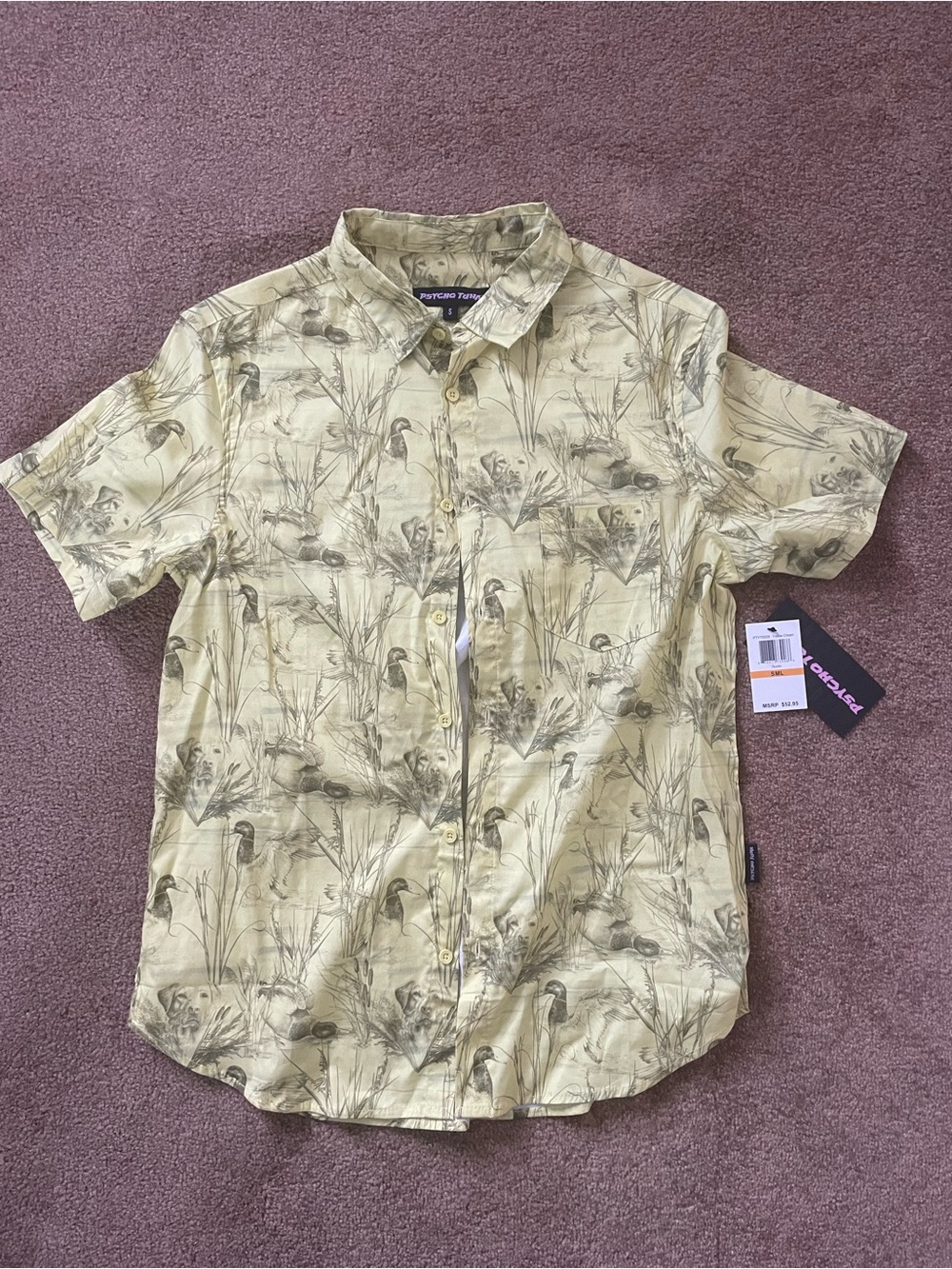 Psycho Tuna “Ducks” Dog Print Short Sleeve Button Down Yellow Cream (Men Size S)